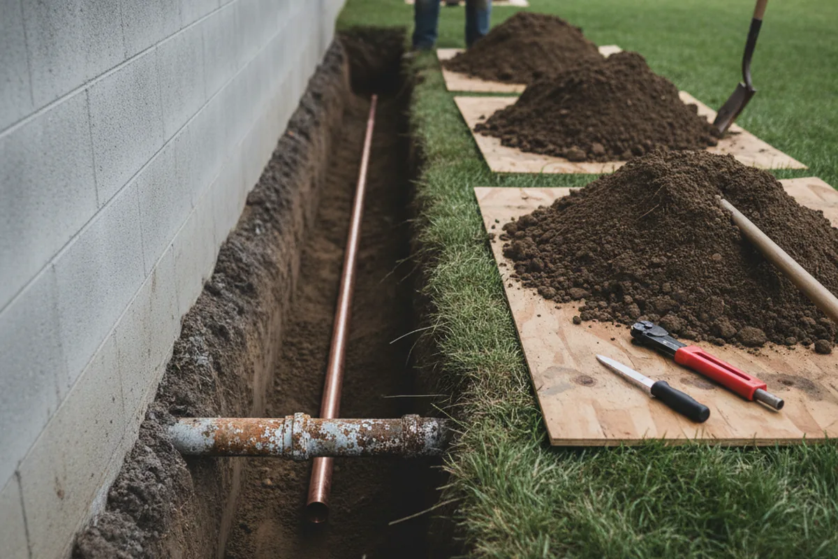 Excavated water line trench during Sewer Line Repair in West Friendship